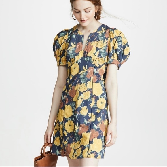 Sea New York Ella Puff Short Sleeve Floral Mini Dress Yellow Green Size 2 Party - Picture 1 of 6